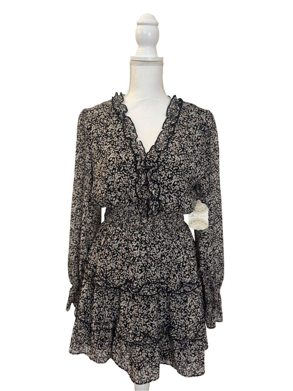 Altar'd State Black and Cream Floral Smock Waist Ruffle Tiered Long Sleeve Dress